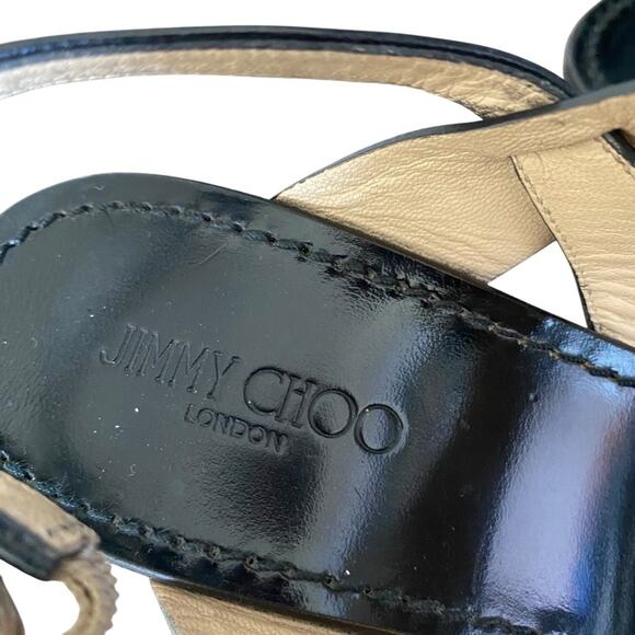 Jimmy Choo Black Leather Brown Wooden Heel Wedge Slingback Sandals size 40 9.5 - Picture 9 of 9